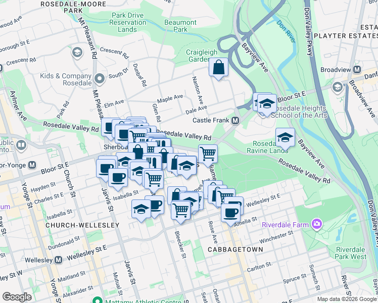 map of restaurants, bars, coffee shops, grocery stores, and more near 575 Bloor Street East in Toronto