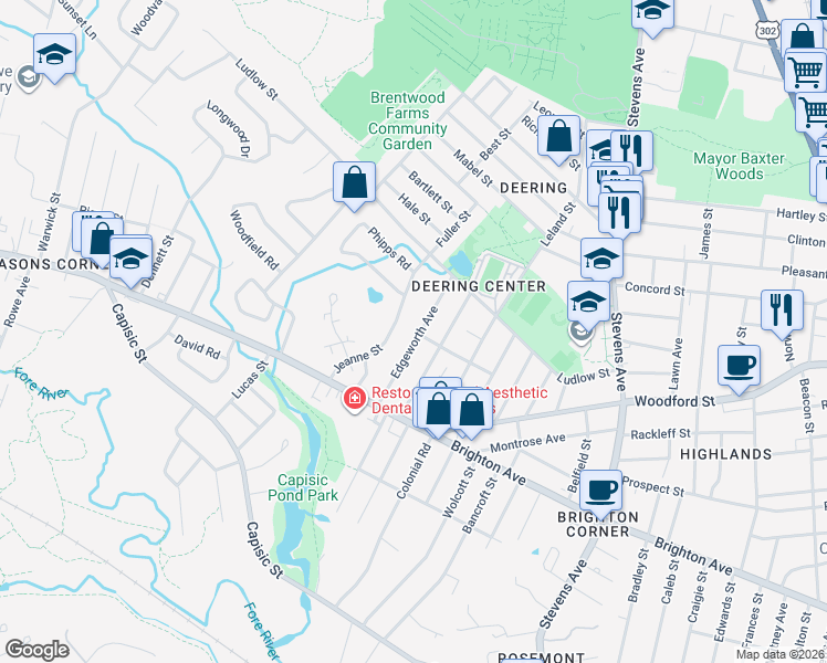 map of restaurants, bars, coffee shops, grocery stores, and more near 60 Edgeworth Avenue in Portland