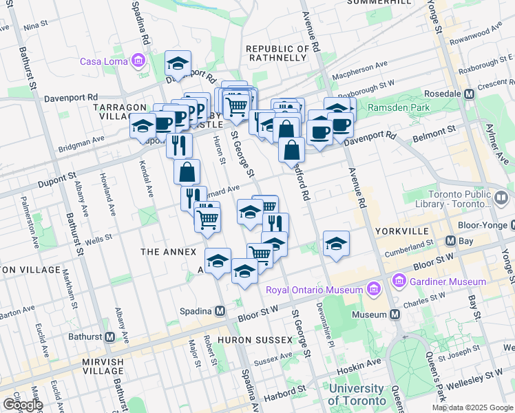 map of restaurants, bars, coffee shops, grocery stores, and more near 228 Saint George Street in Toronto