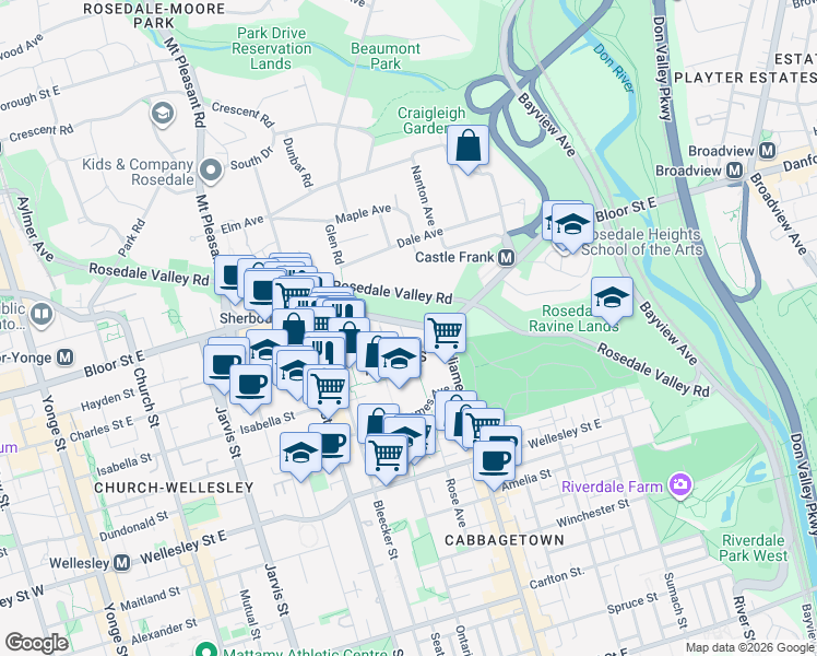 map of restaurants, bars, coffee shops, grocery stores, and more near 575 Bloor Street East in Toronto