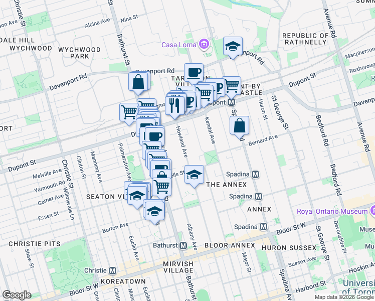 map of restaurants, bars, coffee shops, grocery stores, and more near 197 Howland Avenue in Toronto