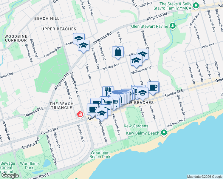 map of restaurants, bars, coffee shops, grocery stores, and more near 158 Waverley Road in Toronto