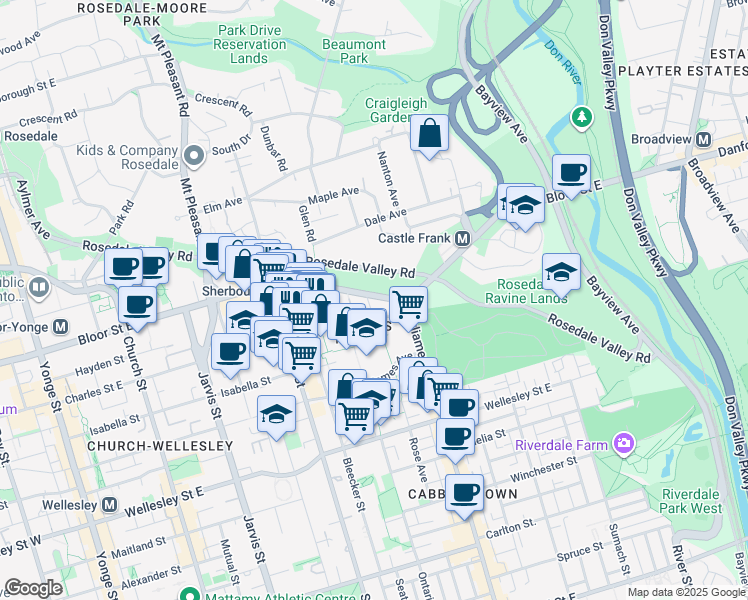 map of restaurants, bars, coffee shops, grocery stores, and more near 575 Bloor Street East in Toronto