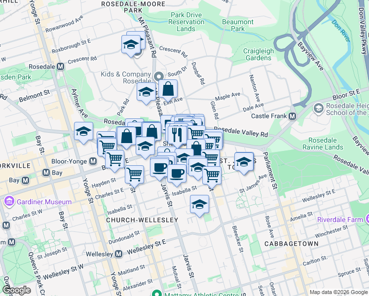 map of restaurants, bars, coffee shops, grocery stores, and more near 365 Bloor Street East in Toronto
