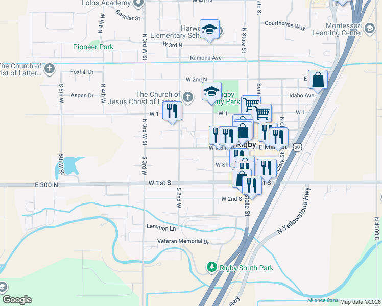 map of restaurants, bars, coffee shops, grocery stores, and more near 267 West Main Street in Rigby