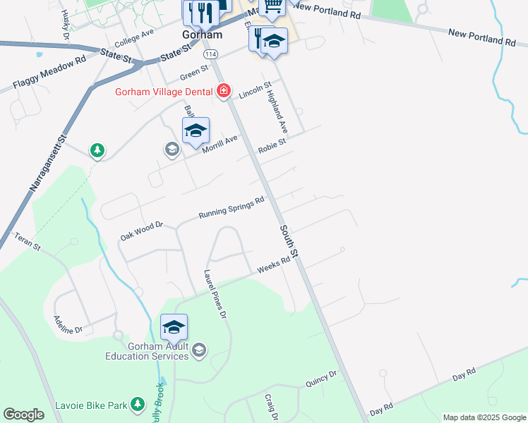 map of restaurants, bars, coffee shops, grocery stores, and more near 146 South Street in Gorham