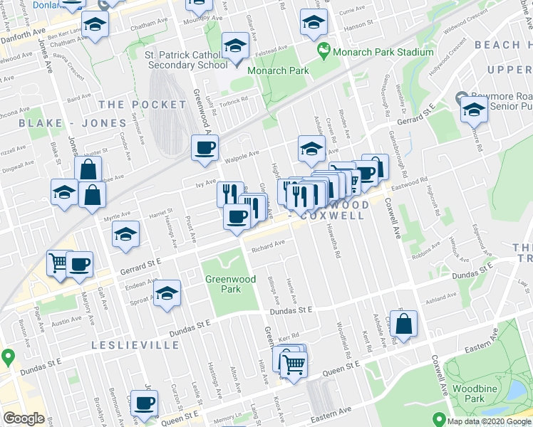 map of restaurants, bars, coffee shops, grocery stores, and more near 35 Glenside Avenue in Toronto
