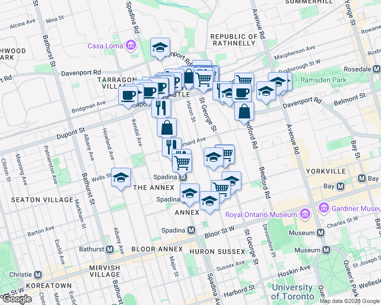 map of restaurants, bars, coffee shops, grocery stores, and more near in Toronto