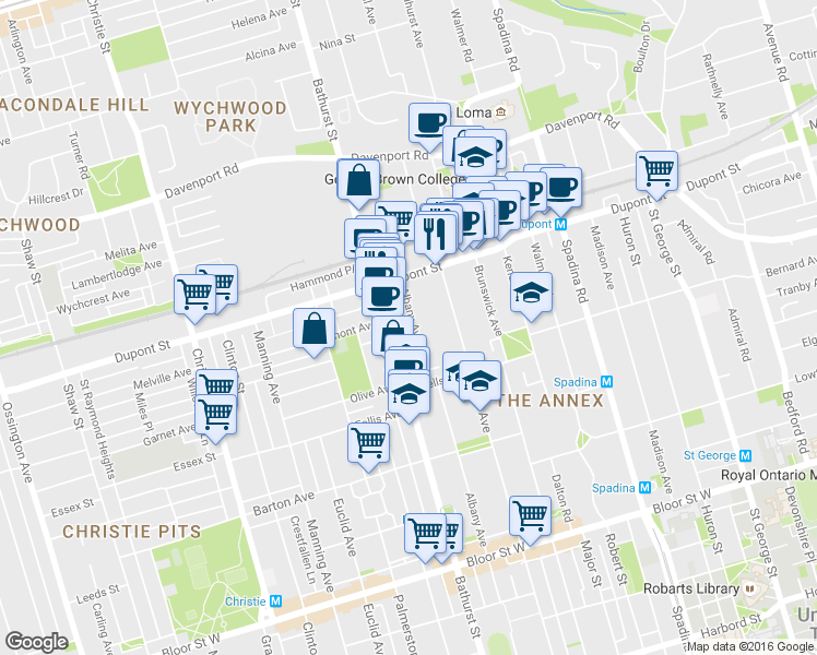 map of restaurants, bars, coffee shops, grocery stores, and more near in Toronto