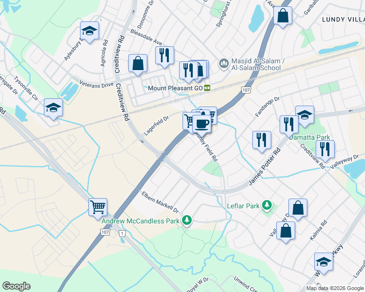 map of restaurants, bars, coffee shops, grocery stores, and more near 95 Frenchpark Circle in Brampton