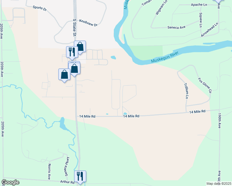 map of restaurants, bars, coffee shops, grocery stores, and more near 19700 14 Mile Road in Big Rapids
