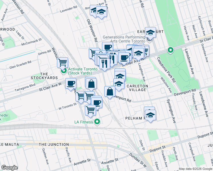 map of restaurants, bars, coffee shops, grocery stores, and more near 277 Old Weston Road in Toronto