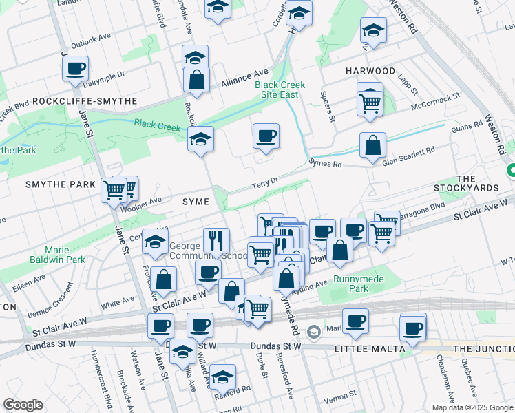 map of restaurants, bars, coffee shops, grocery stores, and more near 959 Runnymede Road in Toronto