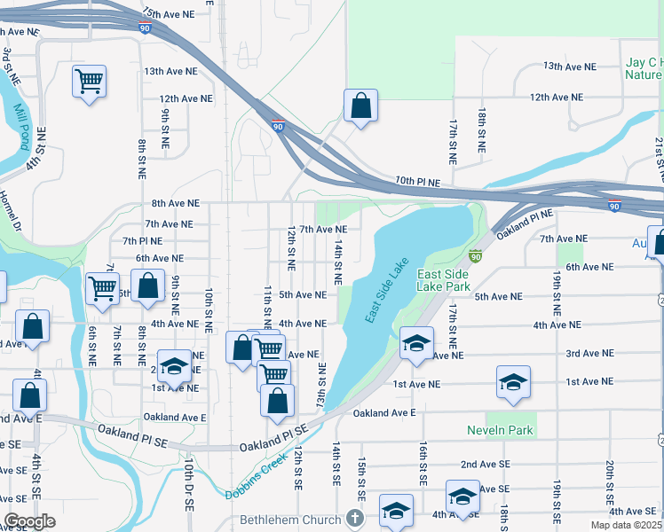 map of restaurants, bars, coffee shops, grocery stores, and more near 615 14th Street Northeast in Austin