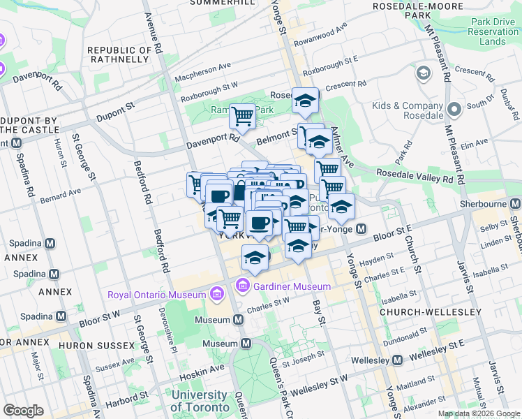 map of restaurants, bars, coffee shops, grocery stores, and more near 98 Scollard Street in Toronto