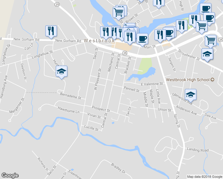 map of restaurants, bars, coffee shops, grocery stores, and more near 149 Central Street in Westbrook