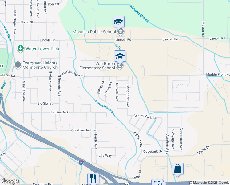 map of restaurants, bars, coffee shops, grocery stores, and more near 303 Midvale Avenue in Caldwell
