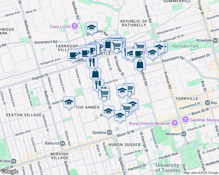 map of restaurants, bars, coffee shops, grocery stores, and more near 125 Madison Avenue in Toronto