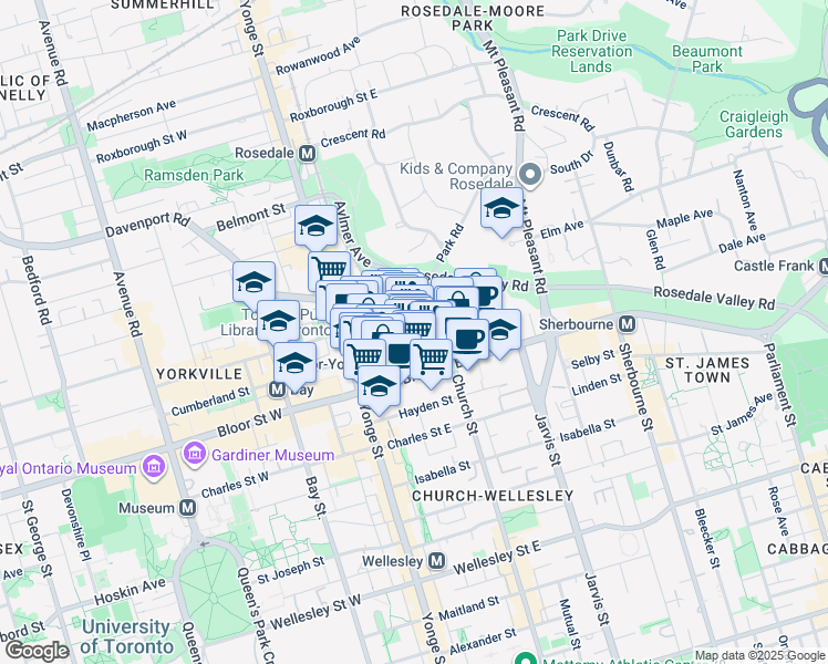 map of restaurants, bars, coffee shops, grocery stores, and more near 20 Park Road in Toronto