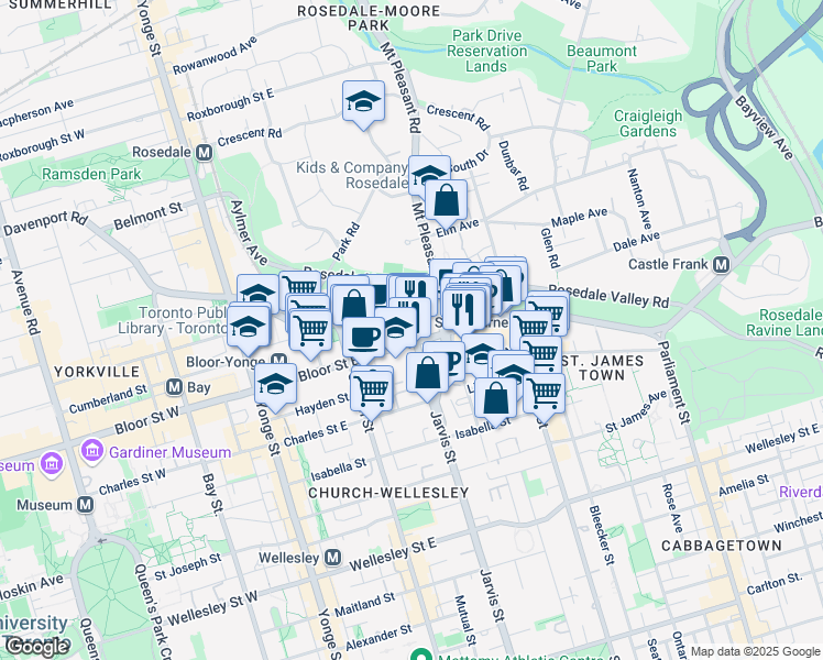 map of restaurants, bars, coffee shops, grocery stores, and more near 250 Bloor Street East in Toronto