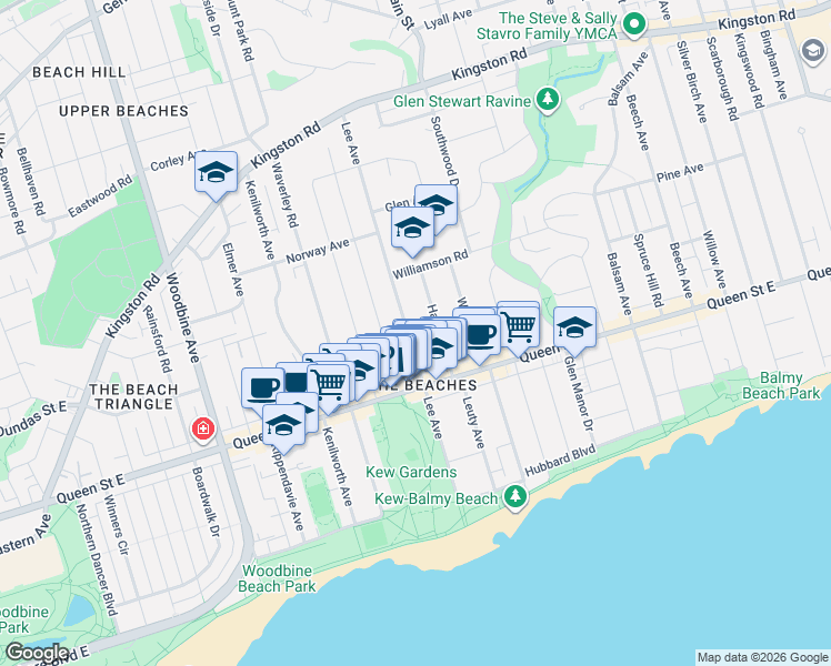 map of restaurants, bars, coffee shops, grocery stores, and more near 127 Lee Avenue in Toronto