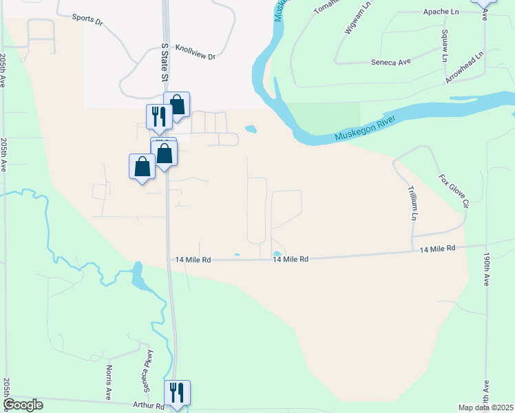 map of restaurants, bars, coffee shops, grocery stores, and more near 19700 14 Mile Road in Big Rapids
