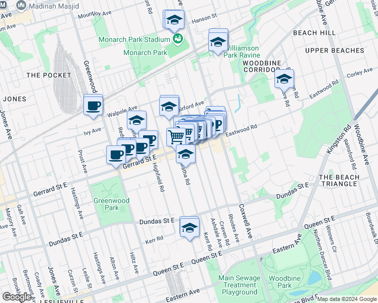 map of restaurants, bars, coffee shops, grocery stores, and more near 268 Ashdale Avenue in Toronto