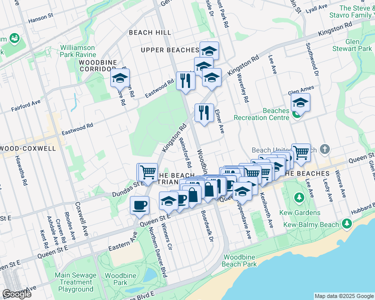map of restaurants, bars, coffee shops, grocery stores, and more near 89 Rainsford Road in Toronto