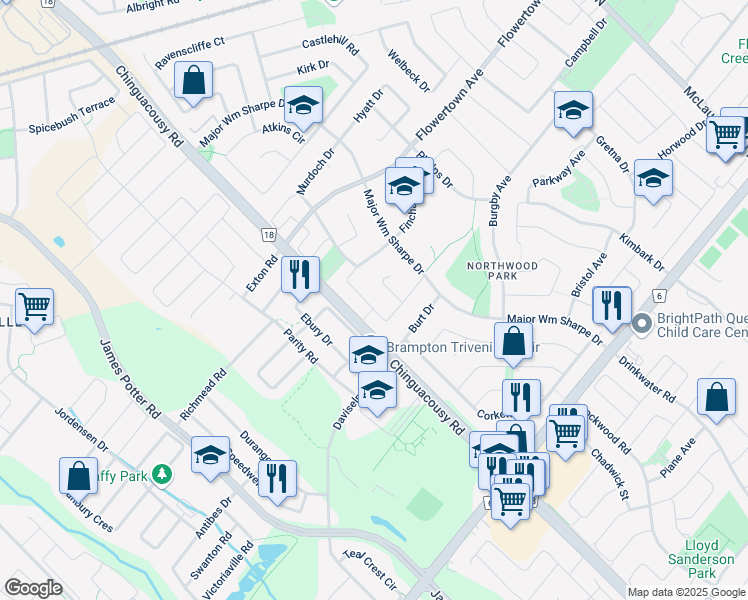 map of restaurants, bars, coffee shops, grocery stores, and more near 59 Candy Crescent in Brampton