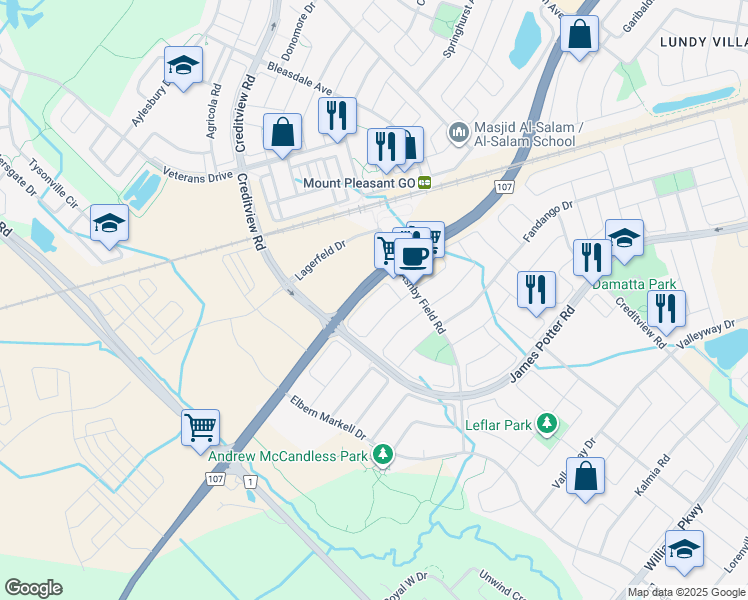 map of restaurants, bars, coffee shops, grocery stores, and more near 95 Frenchpark Circle in Brampton
