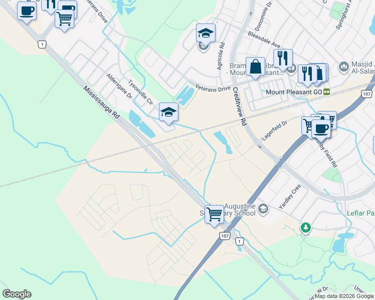 map of restaurants, bars, coffee shops, grocery stores, and more near 53 Vickerman Street in Brampton