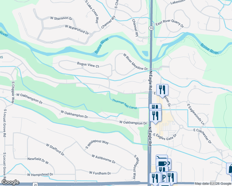 map of restaurants, bars, coffee shops, grocery stores, and more near 371 West Colchester Drive in Eagle