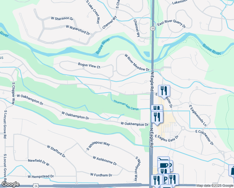 map of restaurants, bars, coffee shops, grocery stores, and more near 371 West Colchester Drive in Eagle