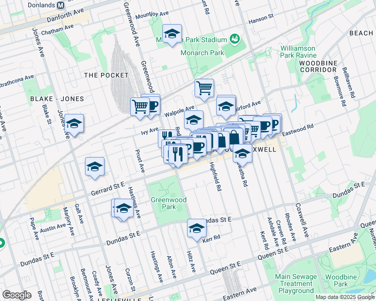 map of restaurants, bars, coffee shops, grocery stores, and more near in Toronto