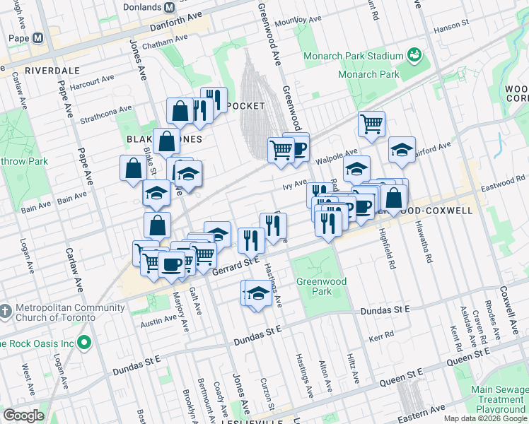 map of restaurants, bars, coffee shops, grocery stores, and more near in Toronto