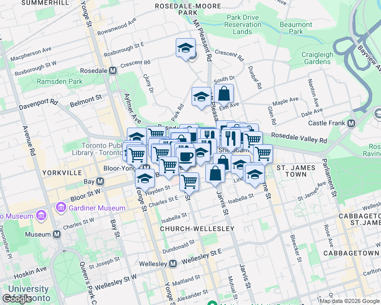 map of restaurants, bars, coffee shops, grocery stores, and more near 210 Bloor Street East in Toronto