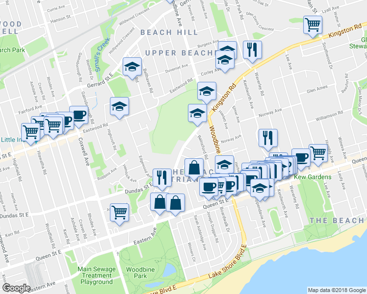 map of restaurants, bars, coffee shops, grocery stores, and more near 196 Kingston Road in Toronto