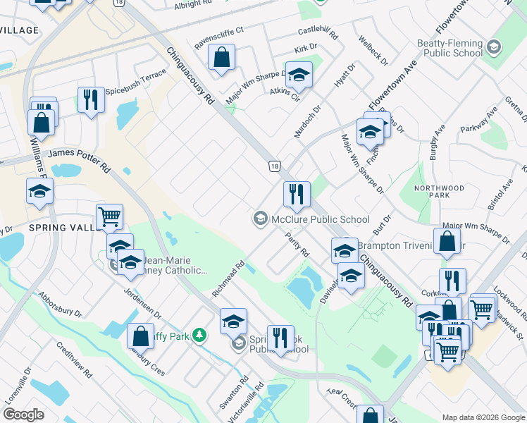 map of restaurants, bars, coffee shops, grocery stores, and more near 21 Exton Road in Brampton