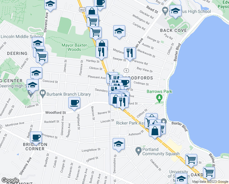 map of restaurants, bars, coffee shops, grocery stores, and more near 1 Ocean Avenue in Portland