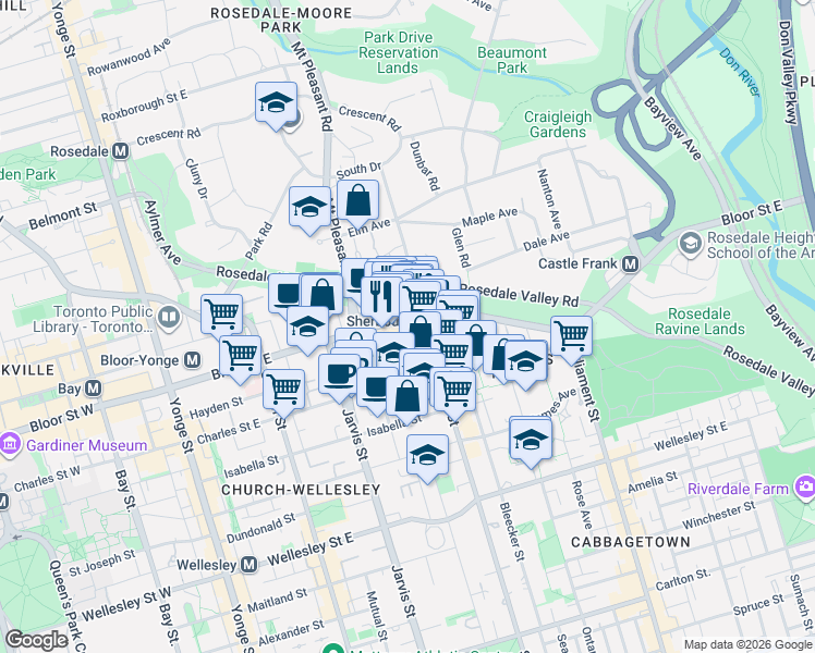 map of restaurants, bars, coffee shops, grocery stores, and more near 395 Bloor Street East in Toronto