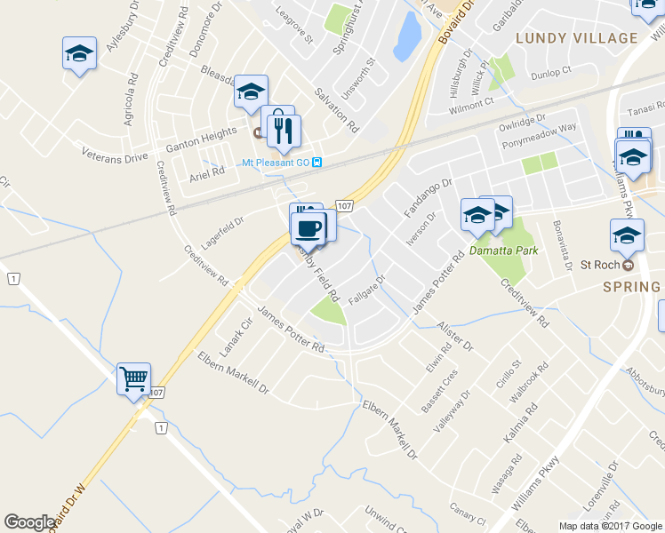 map of restaurants, bars, coffee shops, grocery stores, and more near 11 Portrush Trail in Brampton