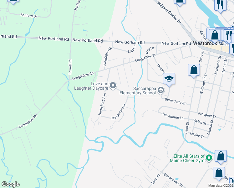 map of restaurants, bars, coffee shops, grocery stores, and more near 26 Madison Street in Westbrook