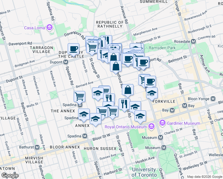 map of restaurants, bars, coffee shops, grocery stores, and more near in Toronto