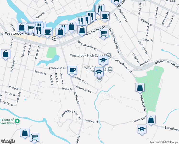 map of restaurants, bars, coffee shops, grocery stores, and more near 62 Oakland Avenue in Westbrook