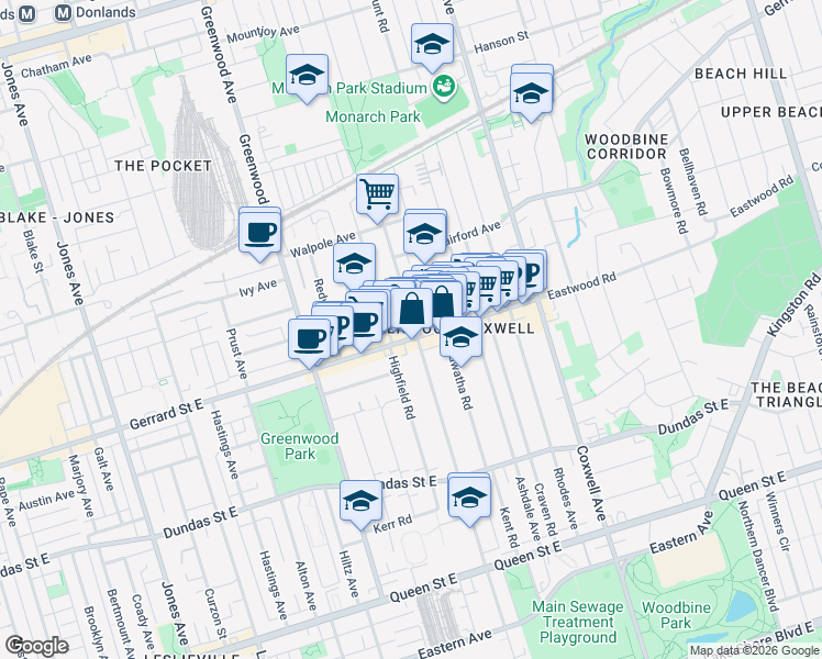 map of restaurants, bars, coffee shops, grocery stores, and more near in Toronto