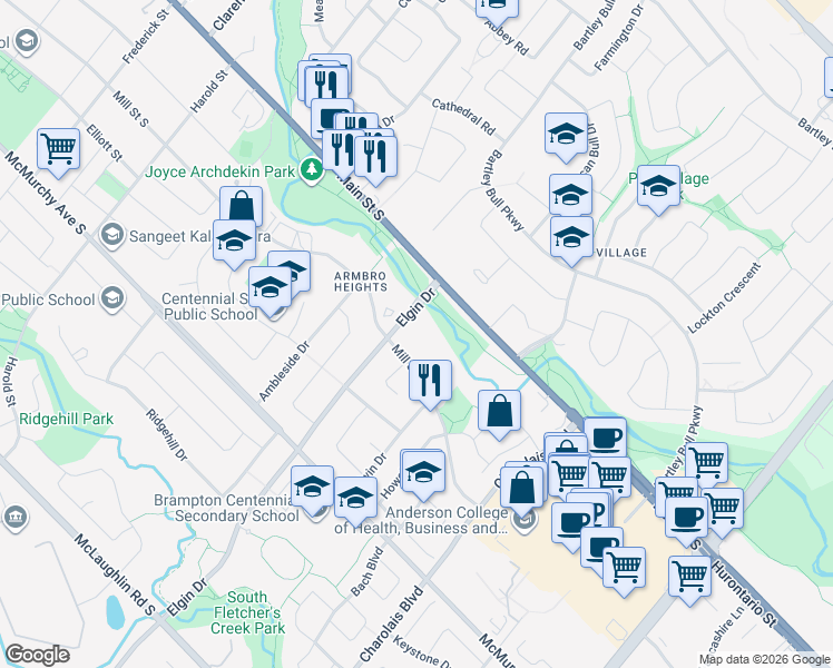 map of restaurants, bars, coffee shops, grocery stores, and more near 320 Mill Street South in Brampton