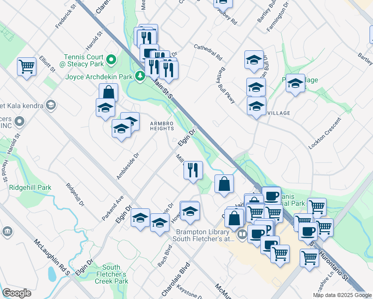 map of restaurants, bars, coffee shops, grocery stores, and more near in Brampton