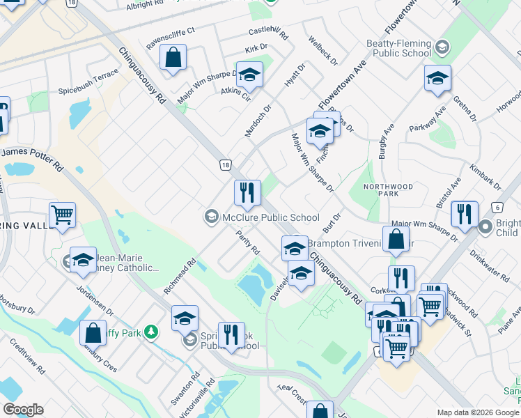 map of restaurants, bars, coffee shops, grocery stores, and more near 9282 Chinguacousy Road in Brampton