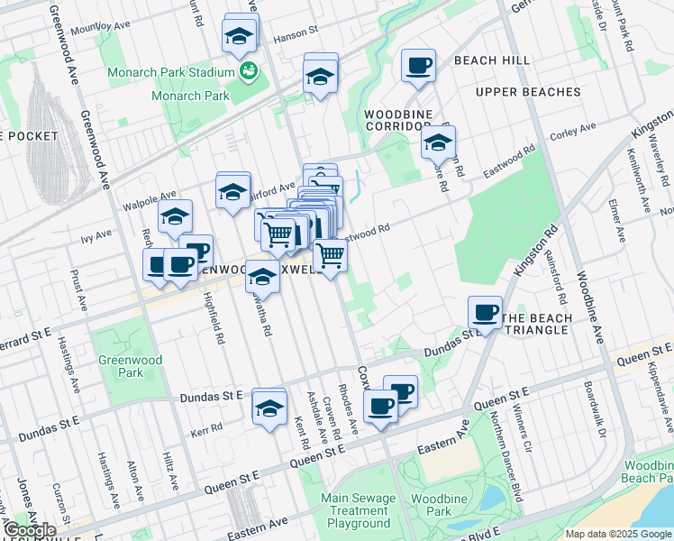map of restaurants, bars, coffee shops, grocery stores, and more near 221 Coxwell Avenue in Toronto
