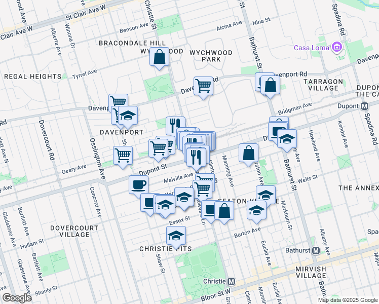 map of restaurants, bars, coffee shops, grocery stores, and more near 340 Christie Street in Toronto